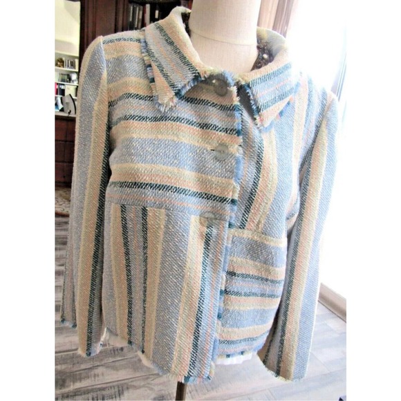 Chanel Blue & Beige Striped Wool Blend Jacket Coat Size 42, Medium - Picture 1 of 12